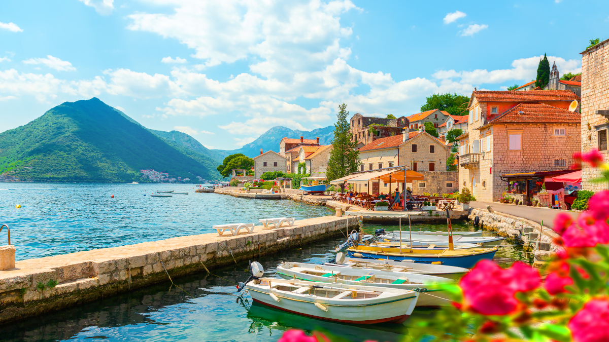 Historic town of Perast at Bay of Kotor in summer, Montenegro